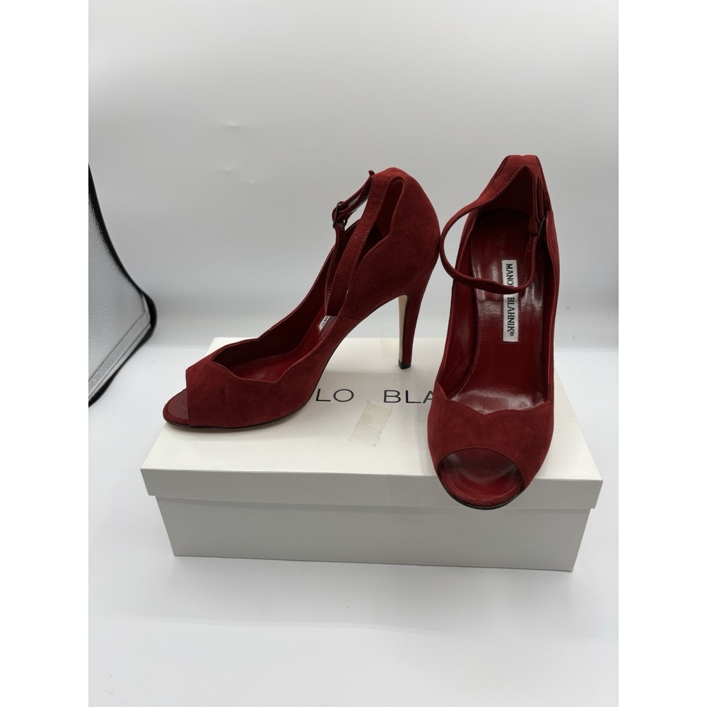 Vtg Manolo Blahnik Peep Toe Cranberry Red Pumps Suede Scalloped Ankle Strap 36.5